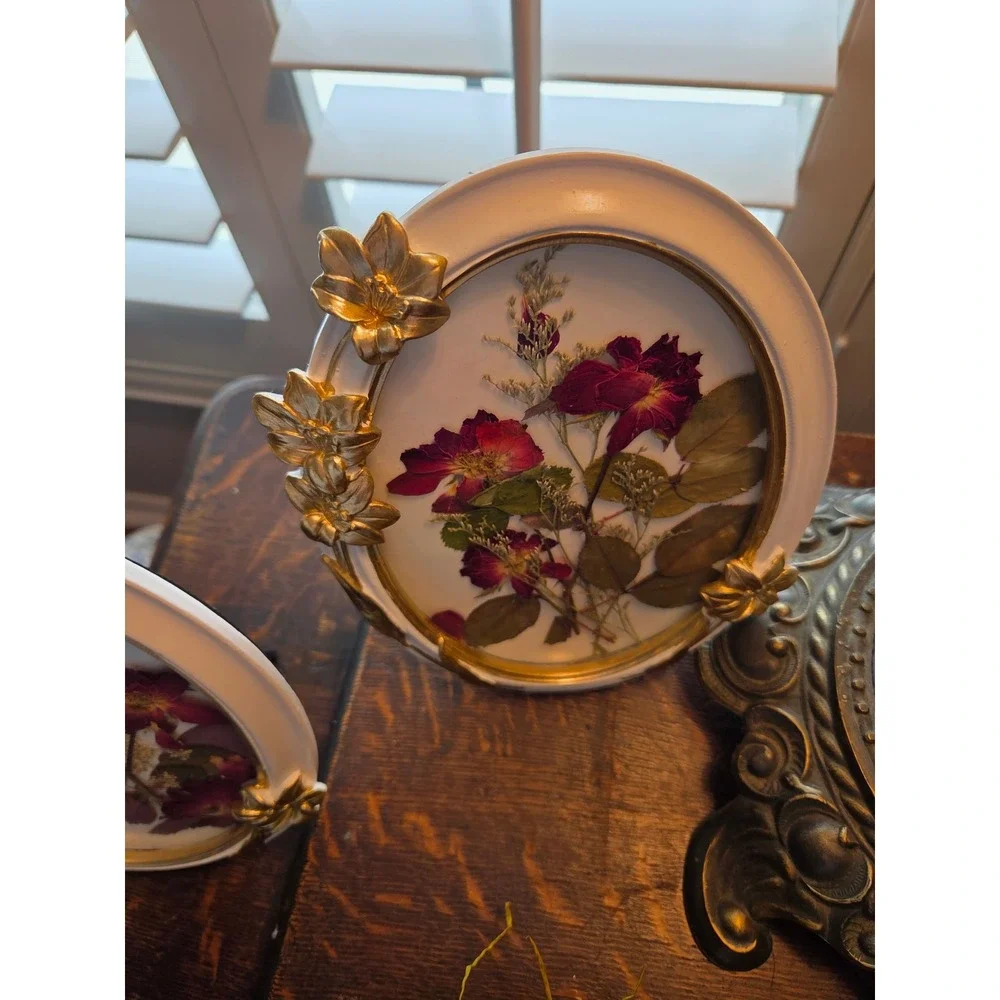 Set of 2 Handcrafted 5x7 Ornate White Gold Oval Frames Dried Pressed Roses Art